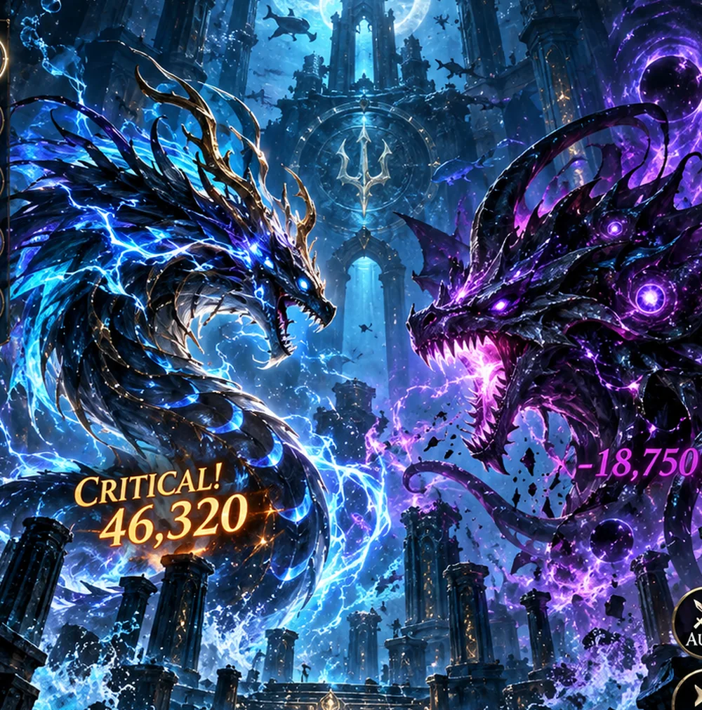 Concept artwork of two glowing mythical ocean creatures facing off in an abyssal arena