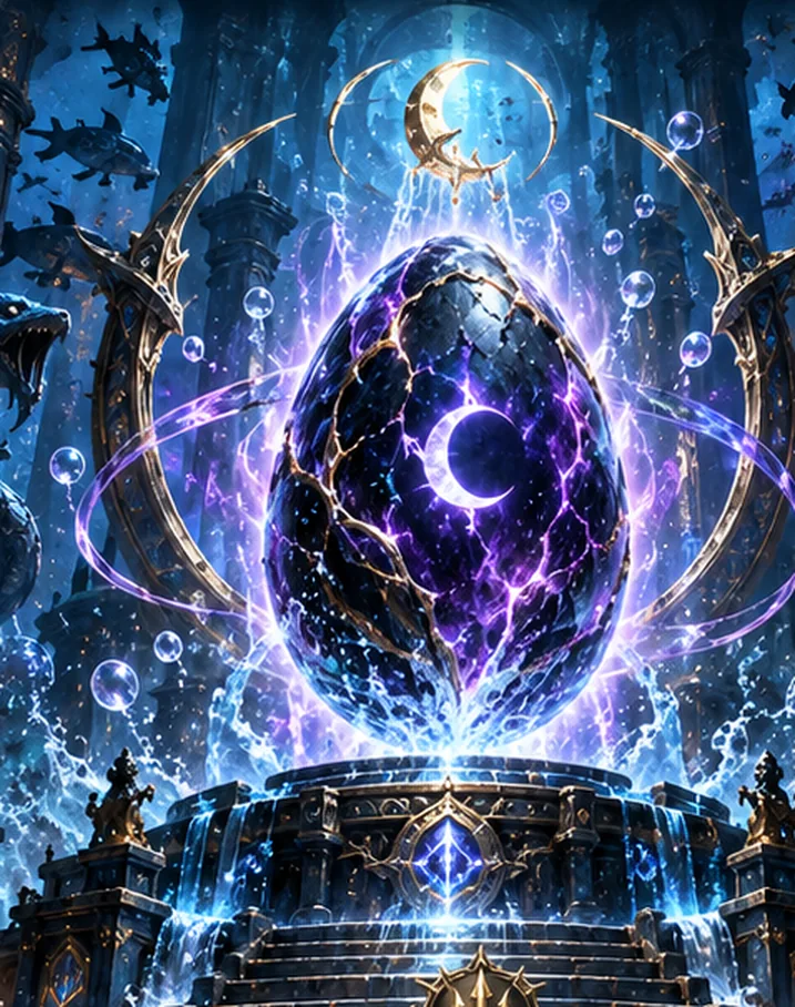 Concept artwork of an enchanted violet egg hovering over a submerged summoning altar