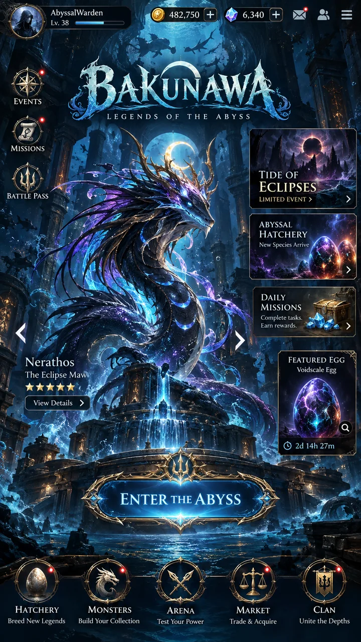 Bakunawa mobile lobby concept with a glowing sea serpent and ornate fantasy controls
